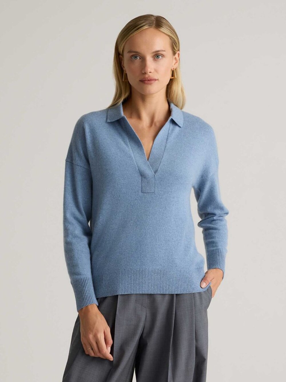 Quince Mongolian Cashmere Polo Sweater Blue XL